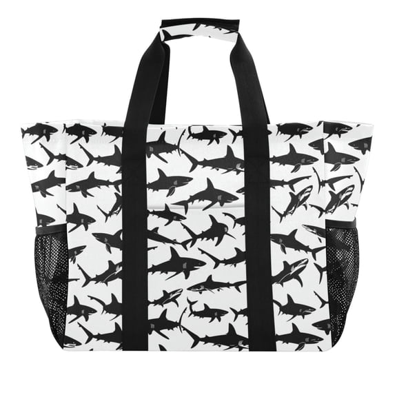 Black Shark Silhouettes Reusable Grocery Bags with Handle Side Pocket Waterproof Shopping Portable Tote