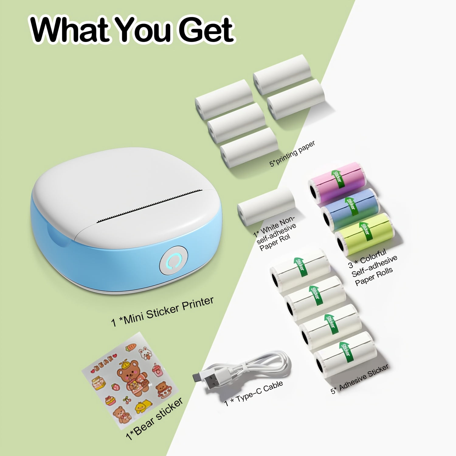 Pocket Sticker Printer, Portable Mini Printer, Ink Free Wireless Sticker Maker, with 3 Rolls of Paper, Portable Label Printer, Suitable for Photos, Diaries, Notes, Memos, Diaries, Gifts, Suitable for