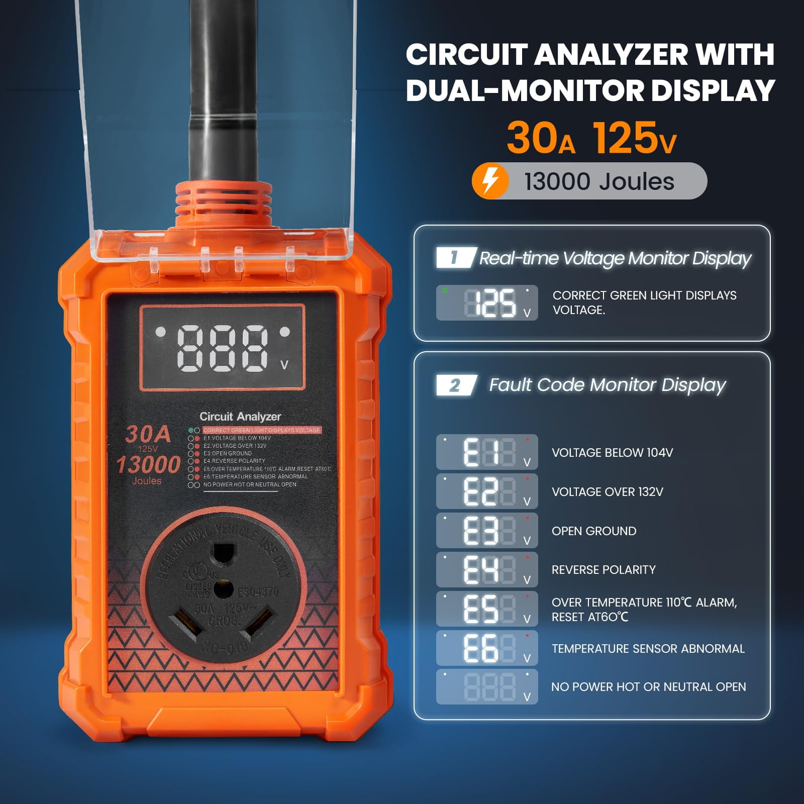 Portable Rv Surge Protector, 30 Amp Rv Circuit Analyzer, 13000 Joules Surge Guard Protection with Waterproof Cover, and LED Display, RV Adapter Plug for Camper, Travel Trailers, Orange