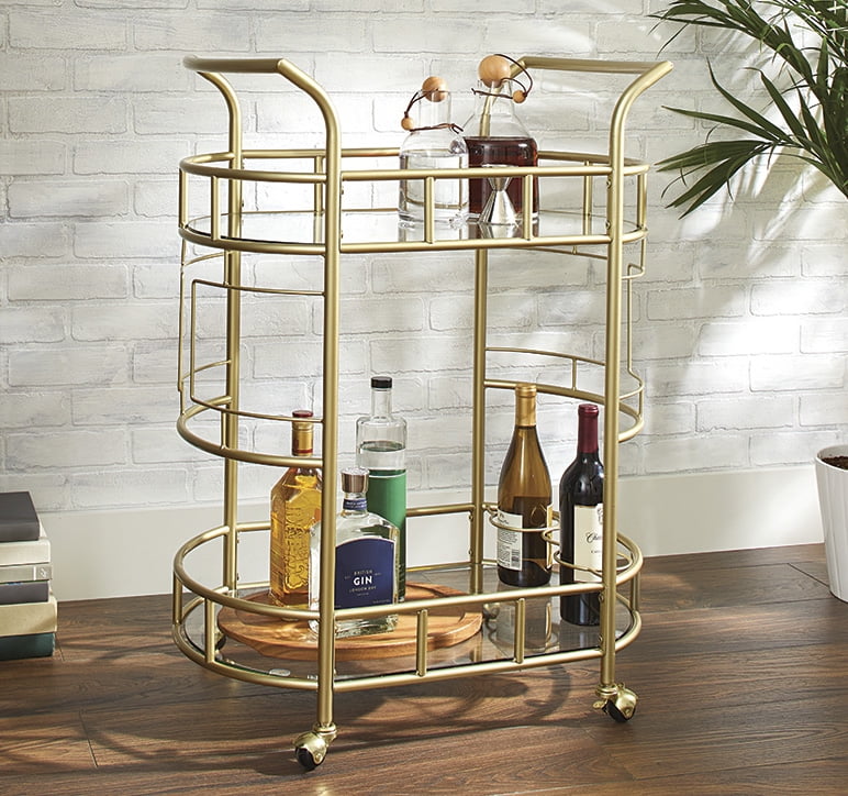 Modern Glam Gold Metal Glass Round Serving Cart Buffet Mobile Bar Cart Home Bar 