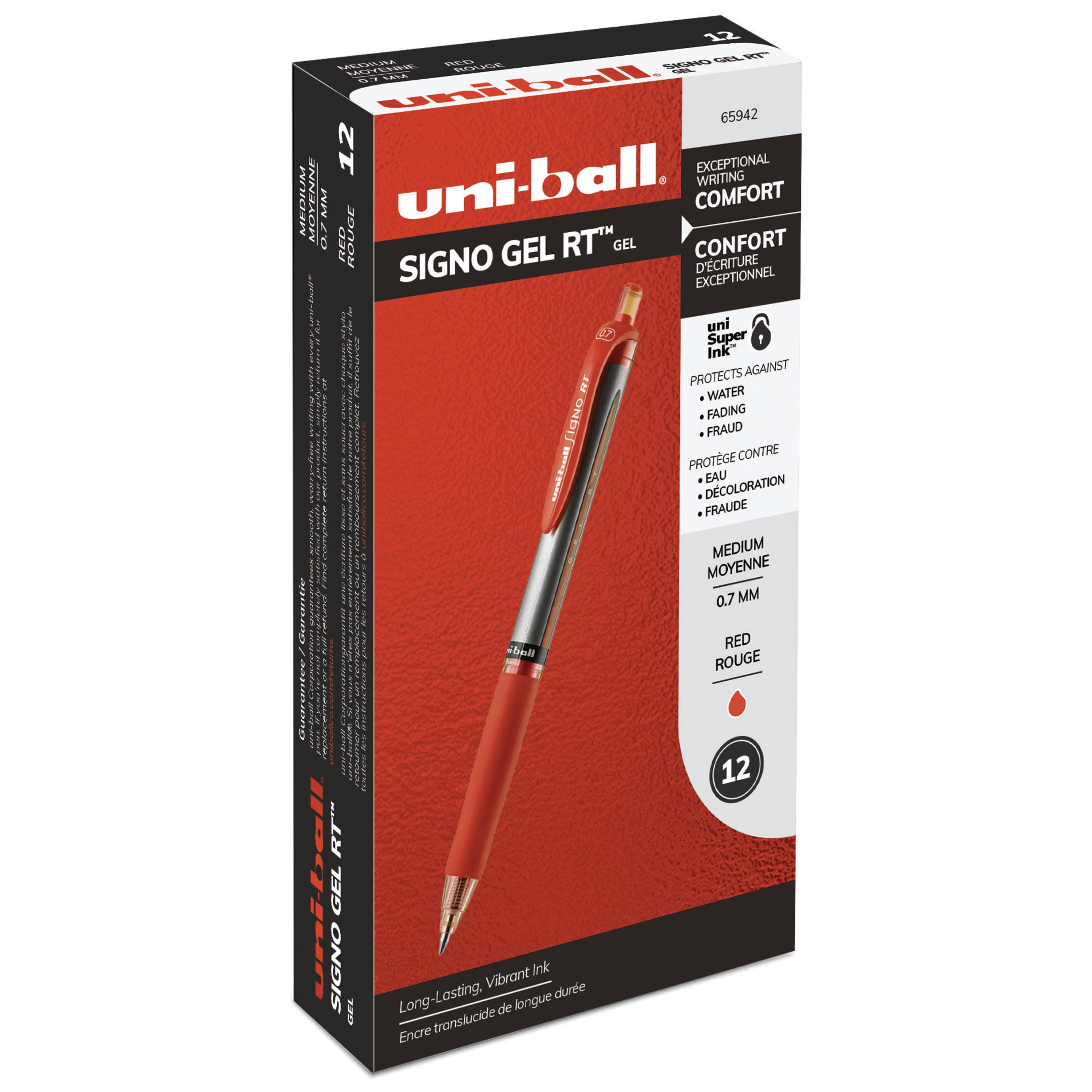 Uni-ball Signo Retractable Gel Pen, 0.7 mm, Red Ink, Red/Metallic Barrel, Dozen