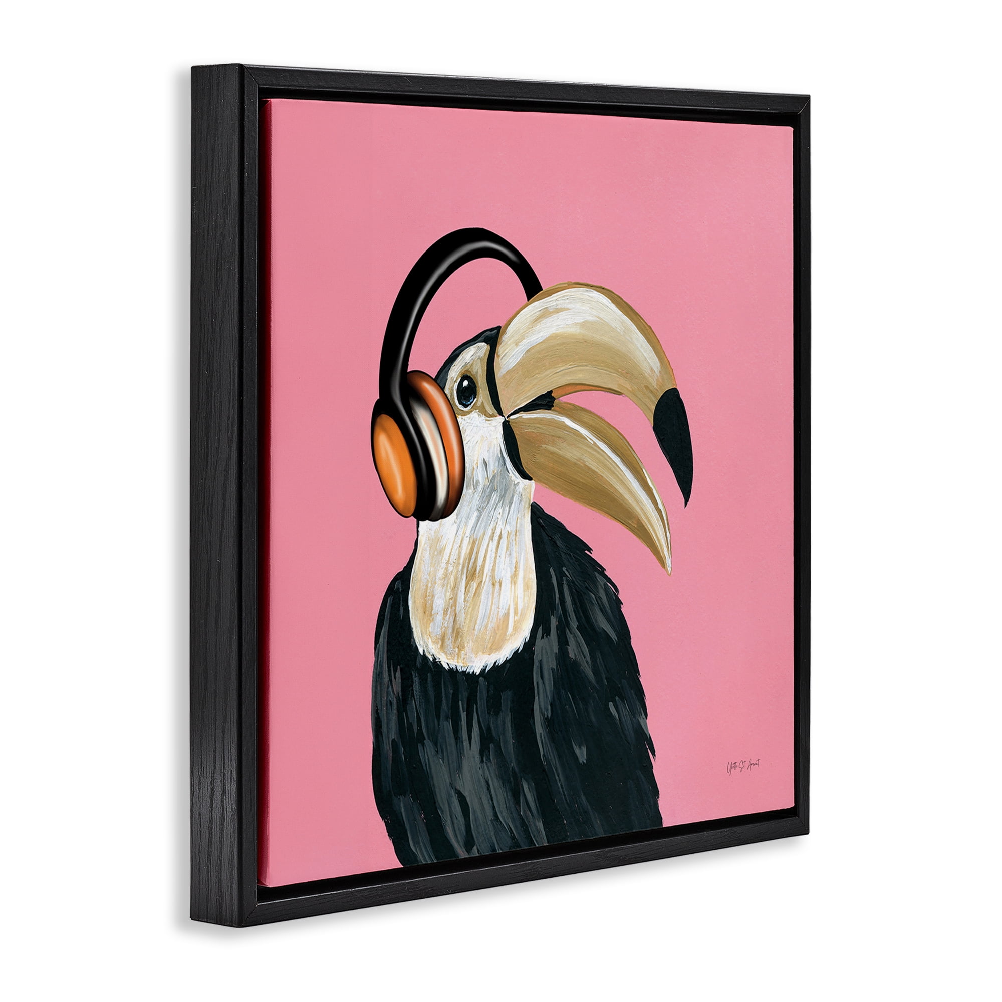 Stupell Industries Toucan with Headphones Entertainment Painting Black Floater Framed Canvas Art Print Wall Art, 25 x 25