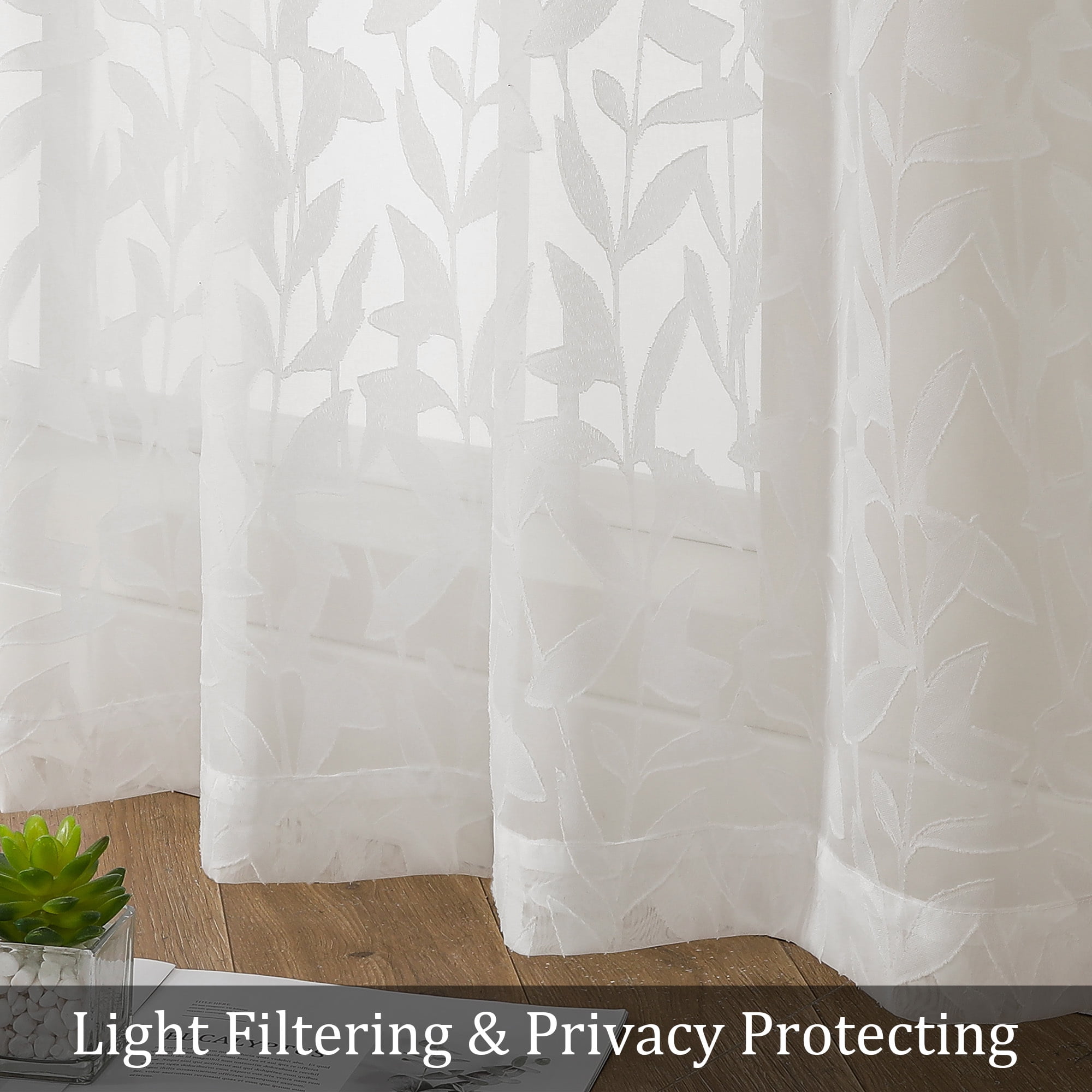OVZME Leila Extra Long 120 Inch Length Sheer Curtains 2 Panels Ivory, Jacquard Leaf Textured Semi-Sheer Drapes, Farmhouse Style with Rod Pocket for Living Room Bedroom, 52" W x 120" L, Ivory