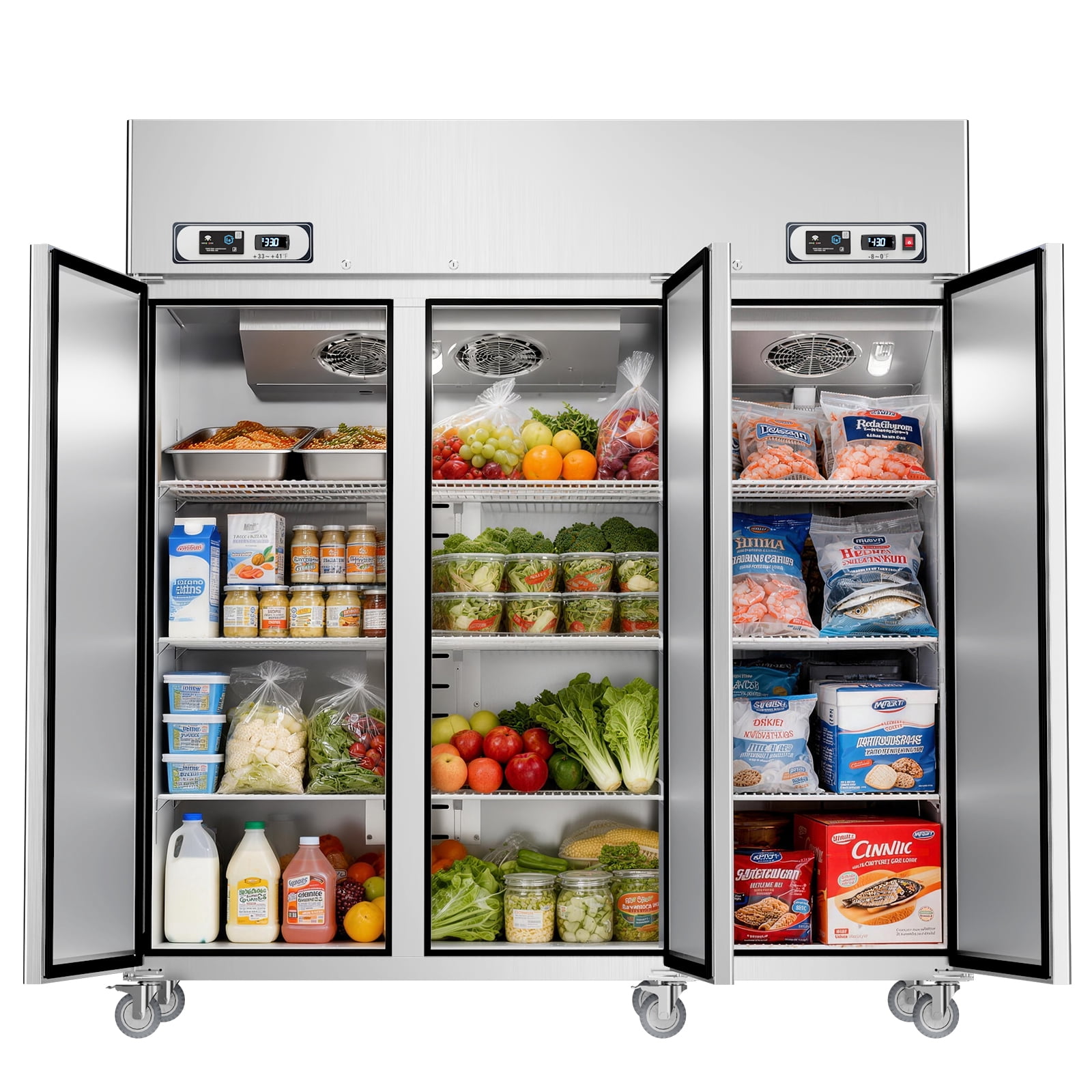 VEECOOL Commercial Refrigerator Freezer Combo WiFi with Smart App Control, 72" 54 Cu.Ft Dual Temperature Upright Freezer, 3 Door 3 Section Stainless Steel Reach in Fridge for Restaurant Church School