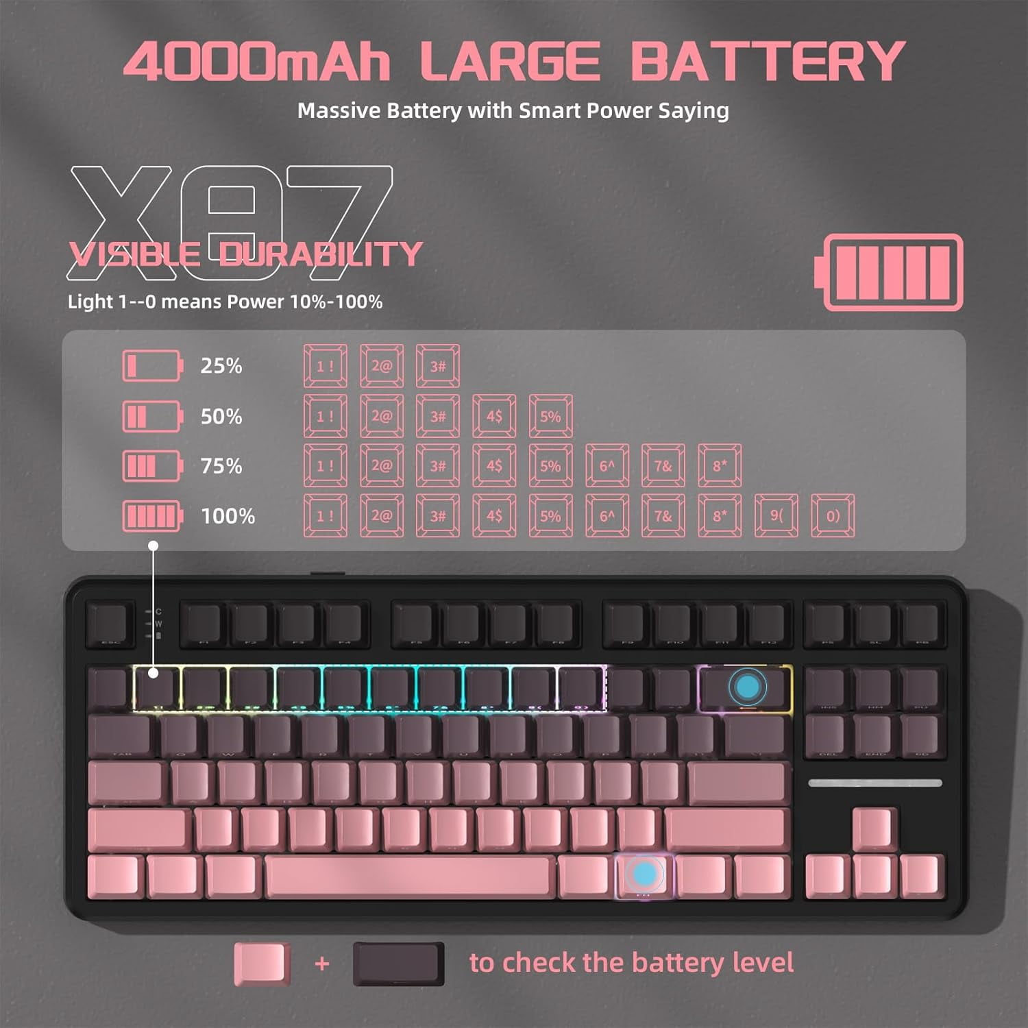 ATTACK SHARK X87 80% Wireless Mechanical Keyboard, BT5.0/2.4G/USB-C Hot-Swap Gasket Gaming Keyboard,RGB Backlit, 4000mAh,Pre-lubed Linear Switch, Side Engraved Gradient PBT Keycap for PC/MAC
