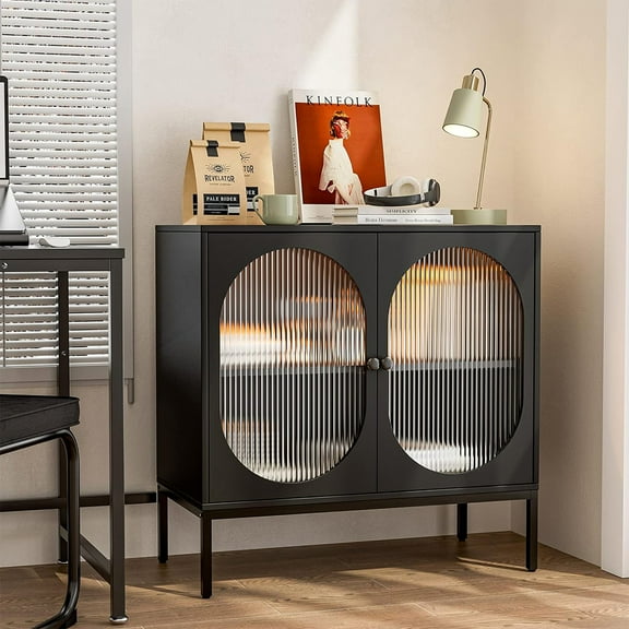 MIDODO Modern Accent Storage Cabinet, Sideboard Buffet Cabinet with LED Light Glass Doors & Adjustable Shelf Cupboard Console Table