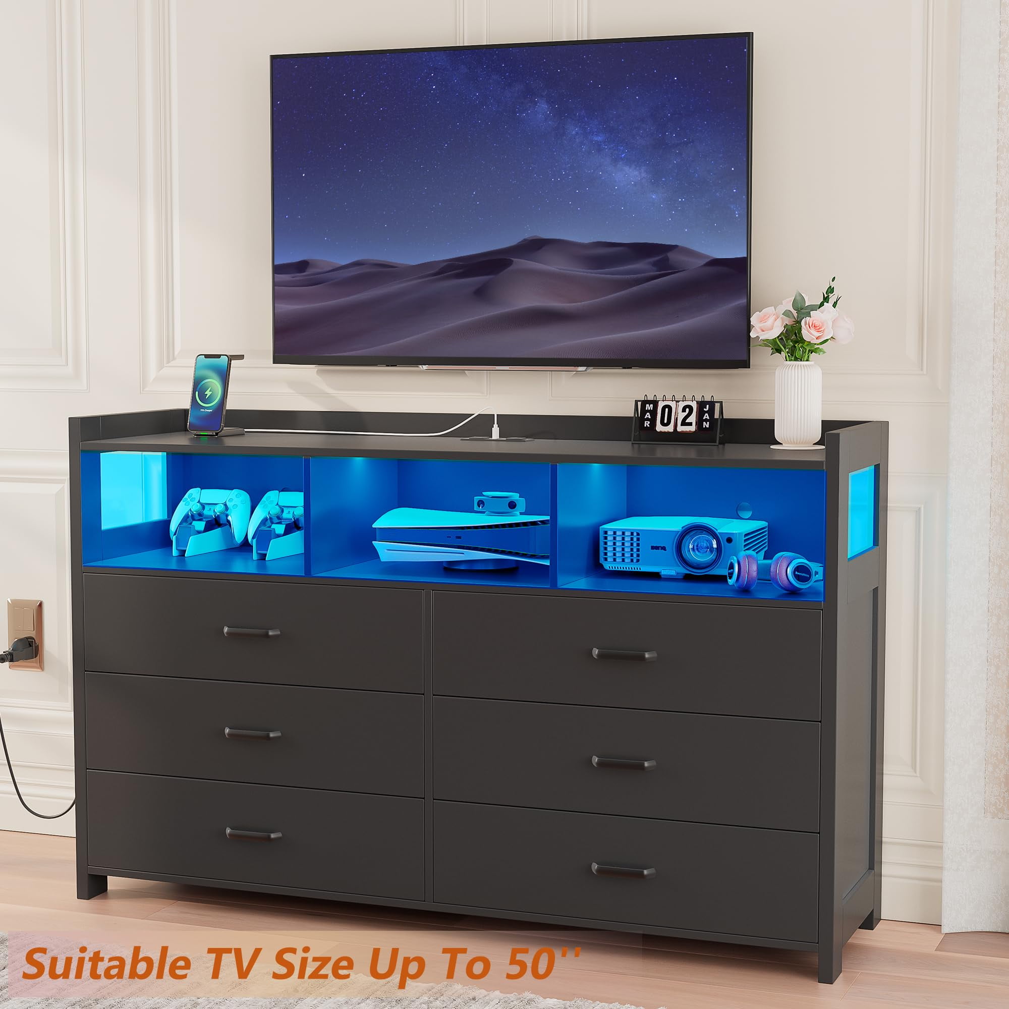 Alohappy 6 Drawer Dresser with Charging Station and LED Lights