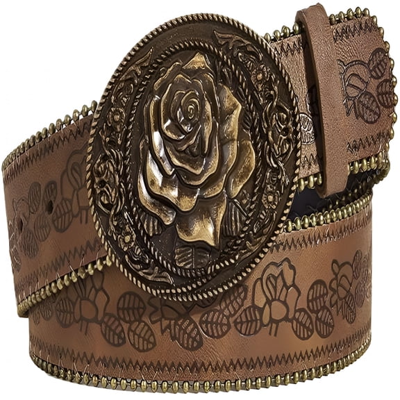 TELOLY Women Western Belt with Heart Embossed Buckle Vintage Brown Belt for Jeans Pant Dress Cowgirl Cowboy Belts