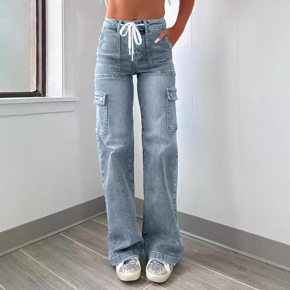 uublik Cargo Jeans for Women Trendy High Waisted Stretchy Casual Denim Pants Baggy Trousers, Blue