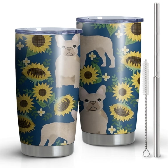 20 Oz French Bulldog Sunflowers Floral Coffee Tumbler Double Wall Insulated Stainless Steel Water Bottle | Metal Reusable Thermoses Flask with Cup Cap | Leak & Sweat Proof with Anti-Dust Lid