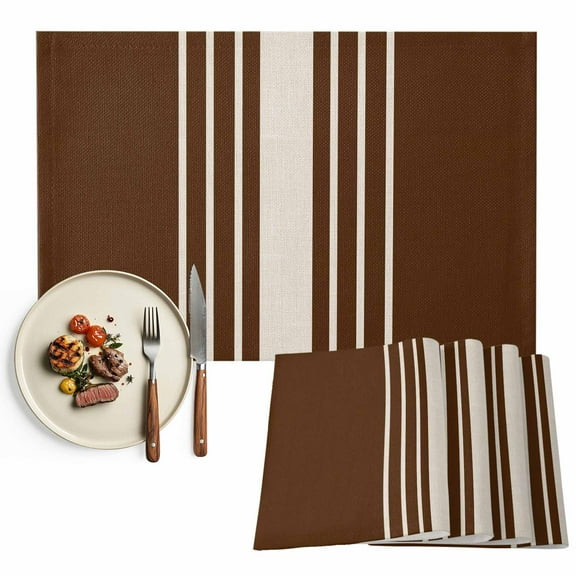 Placemats Set of 4, Brown Vertical Stripes Placemats Set of 4, Classic Striped Linen Tablemats Washable Placemat Table Decoration for Kitchen Table Dinner Party Home Decor Indoor Outdoor 13x19 Inch