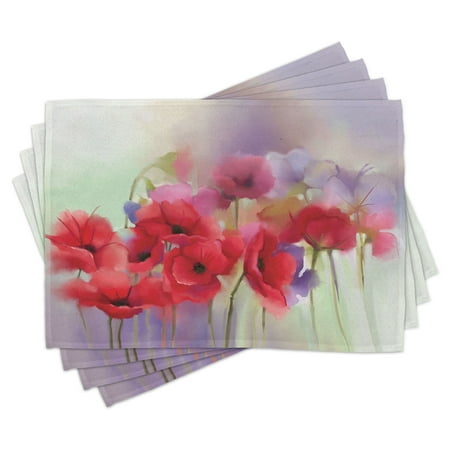

Flower Placemats Set of 4 Poppy Flowers Blur Spring Floral Seasonal Romantic Artistic Illustration Print Washable Fabric Place Mats for Dining Room Kitchen Table Decor Lavander and Red by Ambesonne