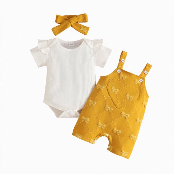 KPOPLK Newborn Baby Girl Clothes Summer Short Sleeve Ribbed Bubble Romper Bow Print Jumpsuit Infant Outfit 0 3 6 9 12 18 Months(0-3 Months,Orange)