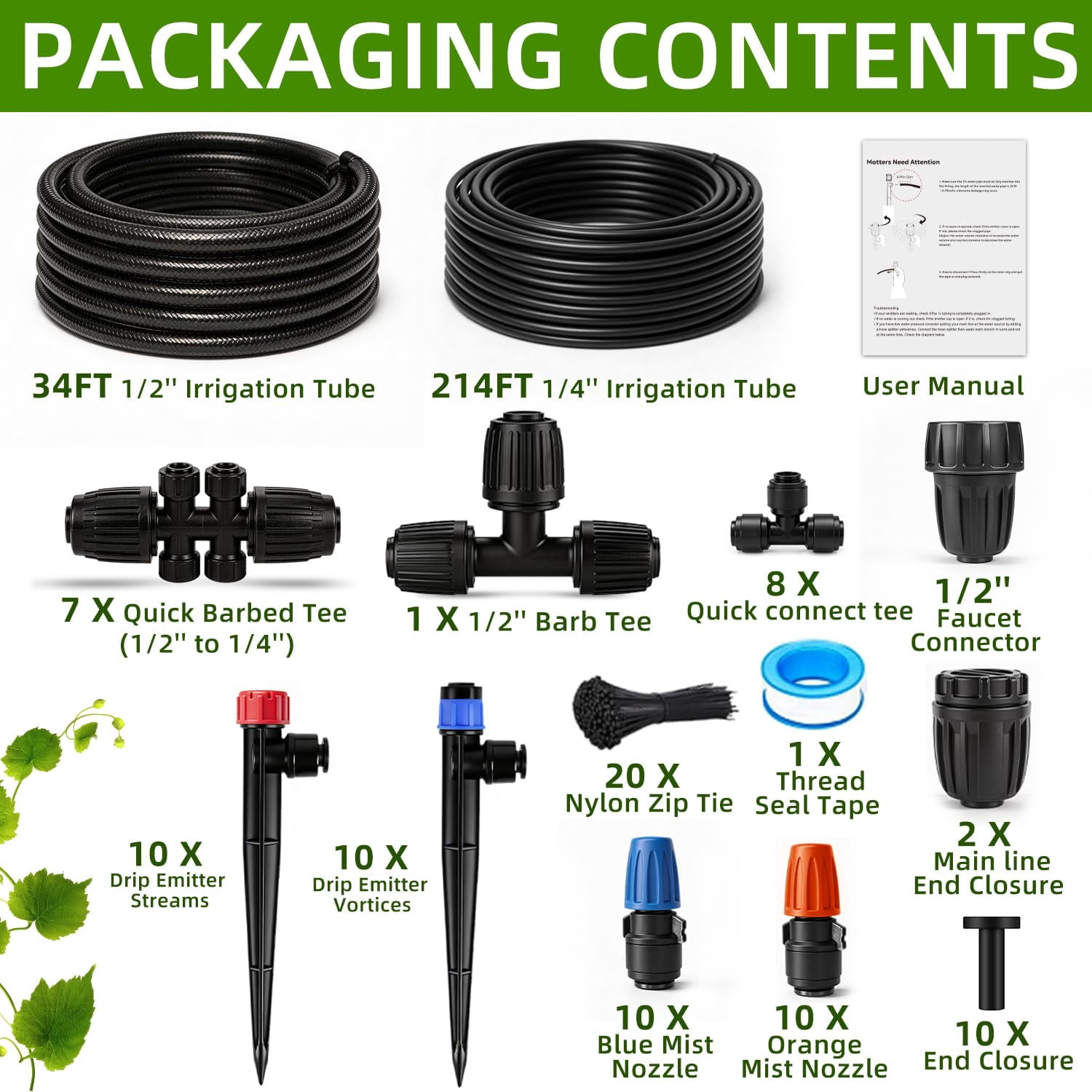 Drip Irrigation System 248ft Automatic Garden Watering With 1/2" & 1/4" Fast-lock Tubing Adjustable Nozzles Sprinklers Quick-connect Kit For Lawn Potted Plants