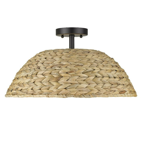 Golden Lighting Rue 3-light Semi-Flush Mount in Matte Black and Woven Sweet Grass shade
