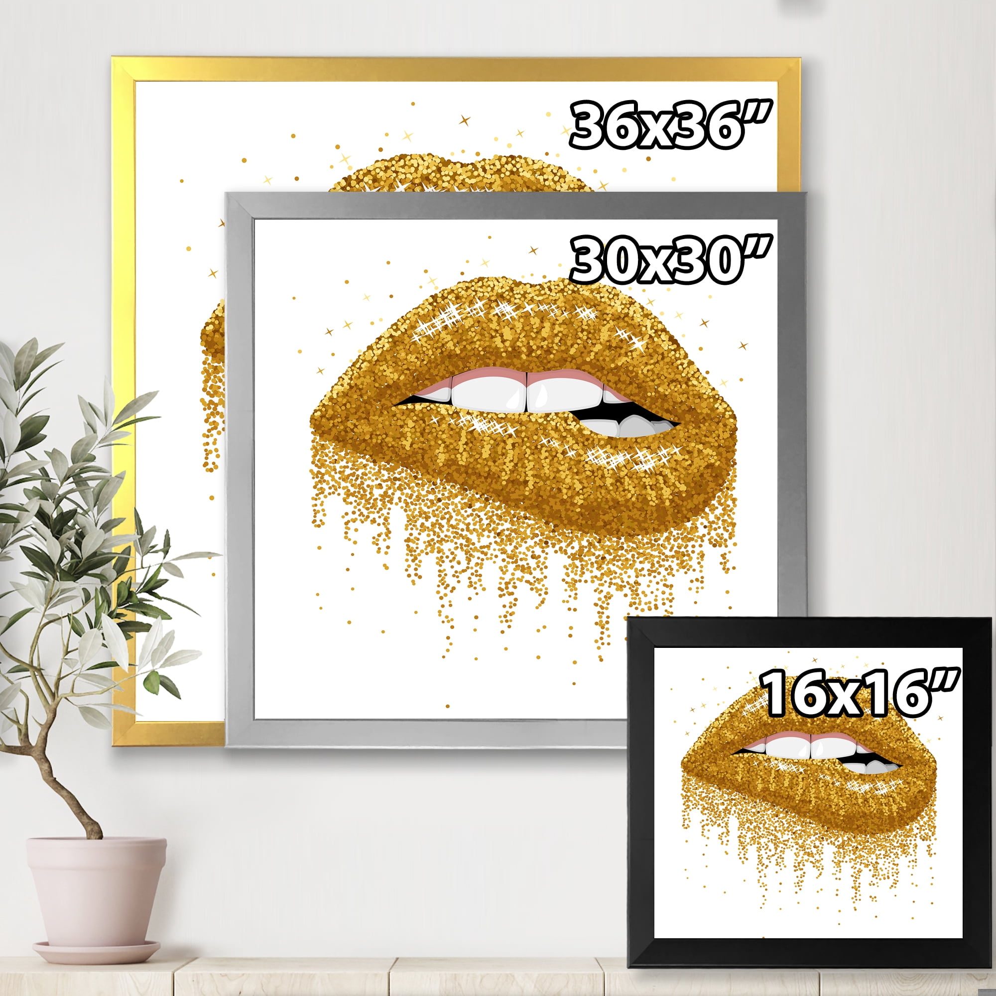 Designart 'Girl Lips With Glitter Gold Sparkles' Modern Framed Art Print