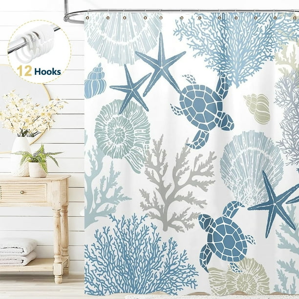 Dznils Cortina de Ducha Costera Náutica con Ganchos, Cortina de Baño de Tela Turtle Azul, 72" x 72"