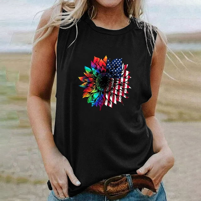 EQWLJWE Débardeurs Sans Manches pour Femmes Débardeurs d'Été pour Femmes Col Rond Imprimé Décontracté Ample T-shirt Sans Manches