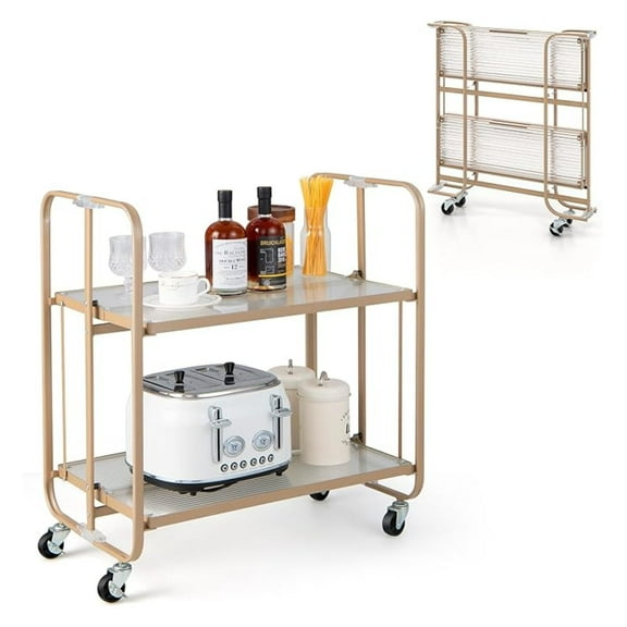 2-Tier Foldable Bar Cart on Wheels, Mobile Home Bar & Serving Cart with Tempered Glass Shelf, Rolling Kitchen Island Cart with Powder-Coated Metal Frame, for Dining Room Living Room, Rose