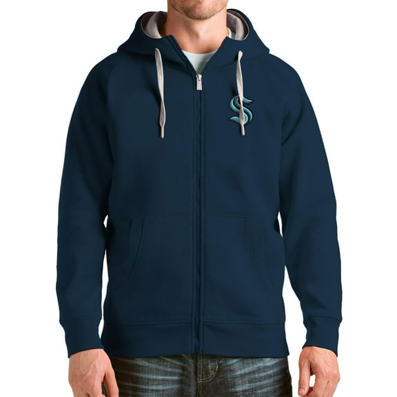 Men's Antigua Deep Sea Blue Seattle Kraken Logo Victory Full-Zip Hoodie