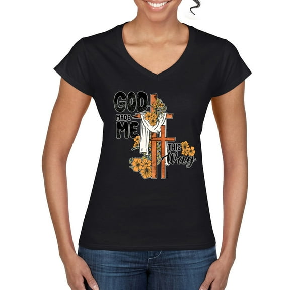 Wild Bobby God Made Me This Way Cross with Sunflowers Inspirational/Christian Women Standard V-Neck Tee, Black, Small