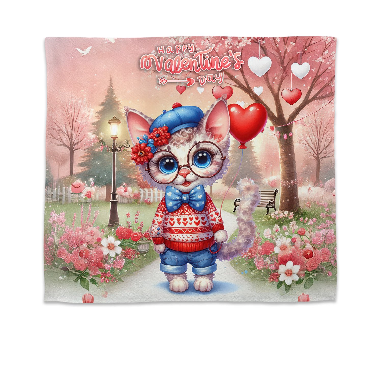 Happy Valentine’s Day Adorable Devon Rex Kitten Holding Heart Balloon Tapestry Cat Lover Kitten Owner Gifts Wall Hanging Backdrop Home Decor - 00030
