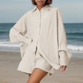 thumbnail image 5 of QHFBli 2 Piece Linen Set for Women Summer Beach Outfits Long Sleeve Button Down Shirts and Shorts Casual Loungewear Set, 5 of 7