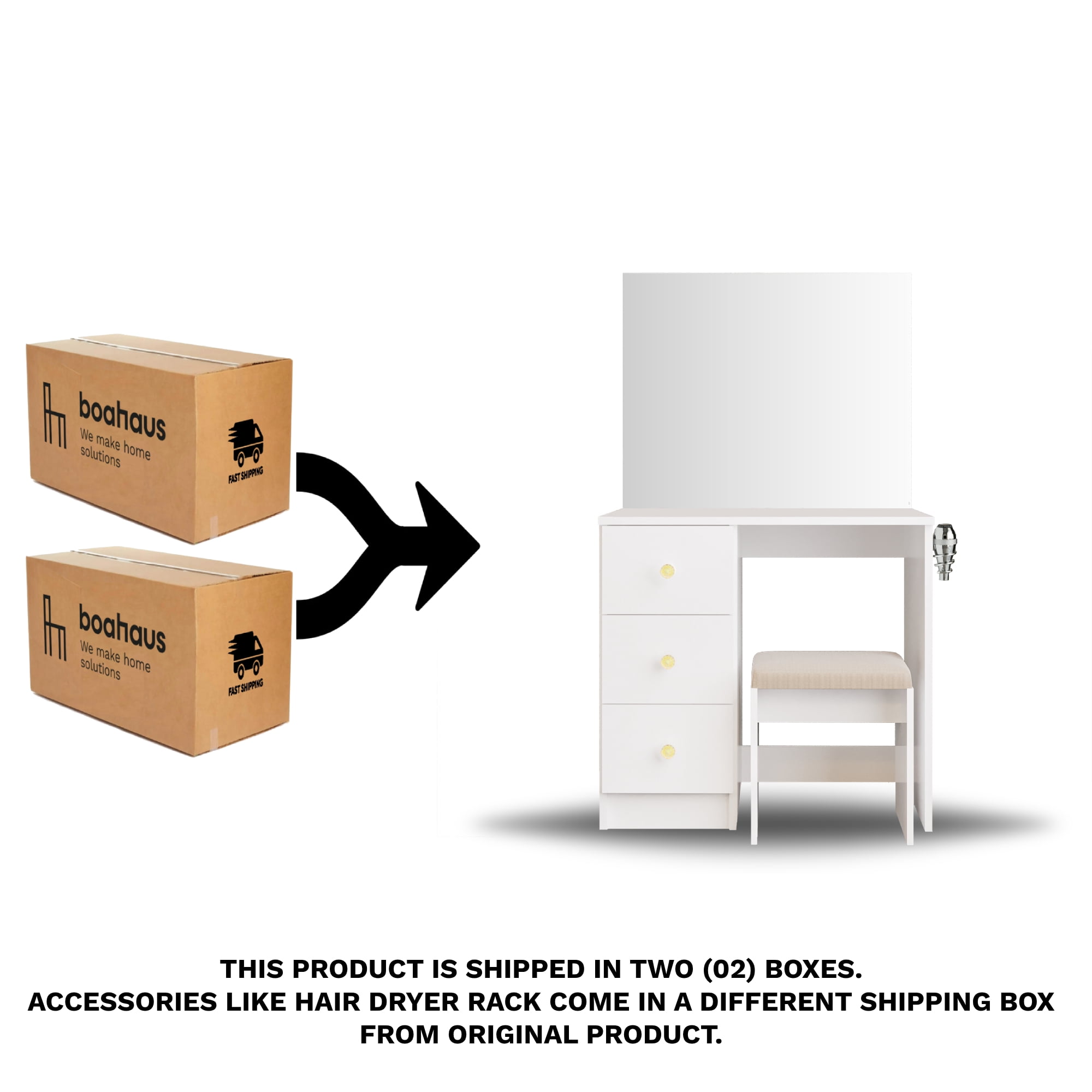 Ember Interiors Small Kids Vanity Makeup Desk Set with Chair, Drawers,Mirror,Gold Crystal Ball Knobs, White