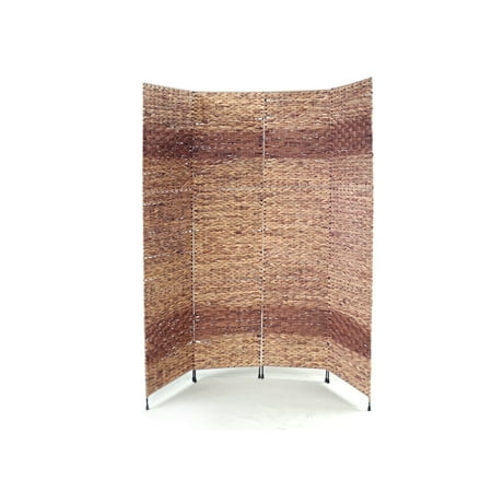 Natural Metal - FS16727 Jakarta-B Folding Screen, metal frame w/water hyacinth inserts, natural color with espresso bands , 4 panels, panel size: 15