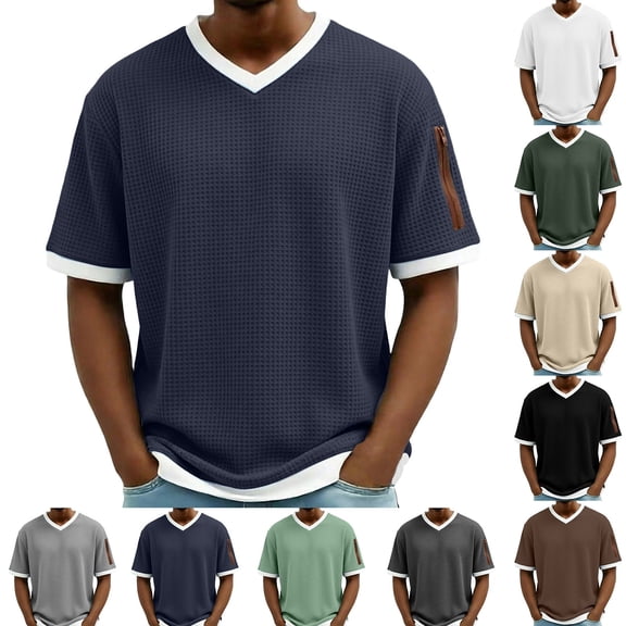 DIOAZUD Men's Waffle T-Shirts Short Sleeve V Neck Pullover Shirts Casual Loose Fit Shirt Spring Summer Tops Navy XXL