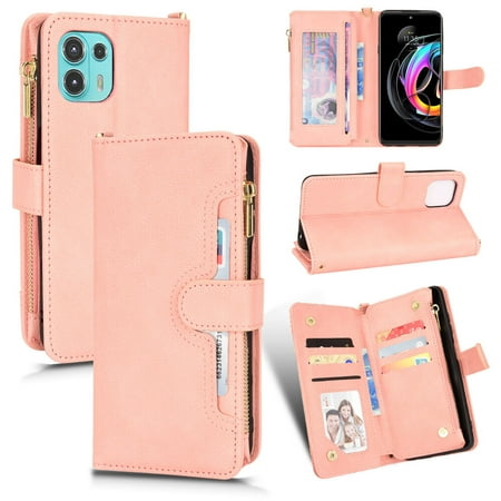 Case for Motorola Edge 20 Fusion Cover Zipper Magnetic Wallet Card Holder PU Leather Flip Case - Pink