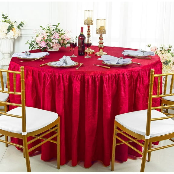 Wedding Linens Inc. 60"W x 30"H Round Ruffled Fitted Crushed Crinkle Taffeta Tablecloth Table Cover Linens With Skirt - Apple Red