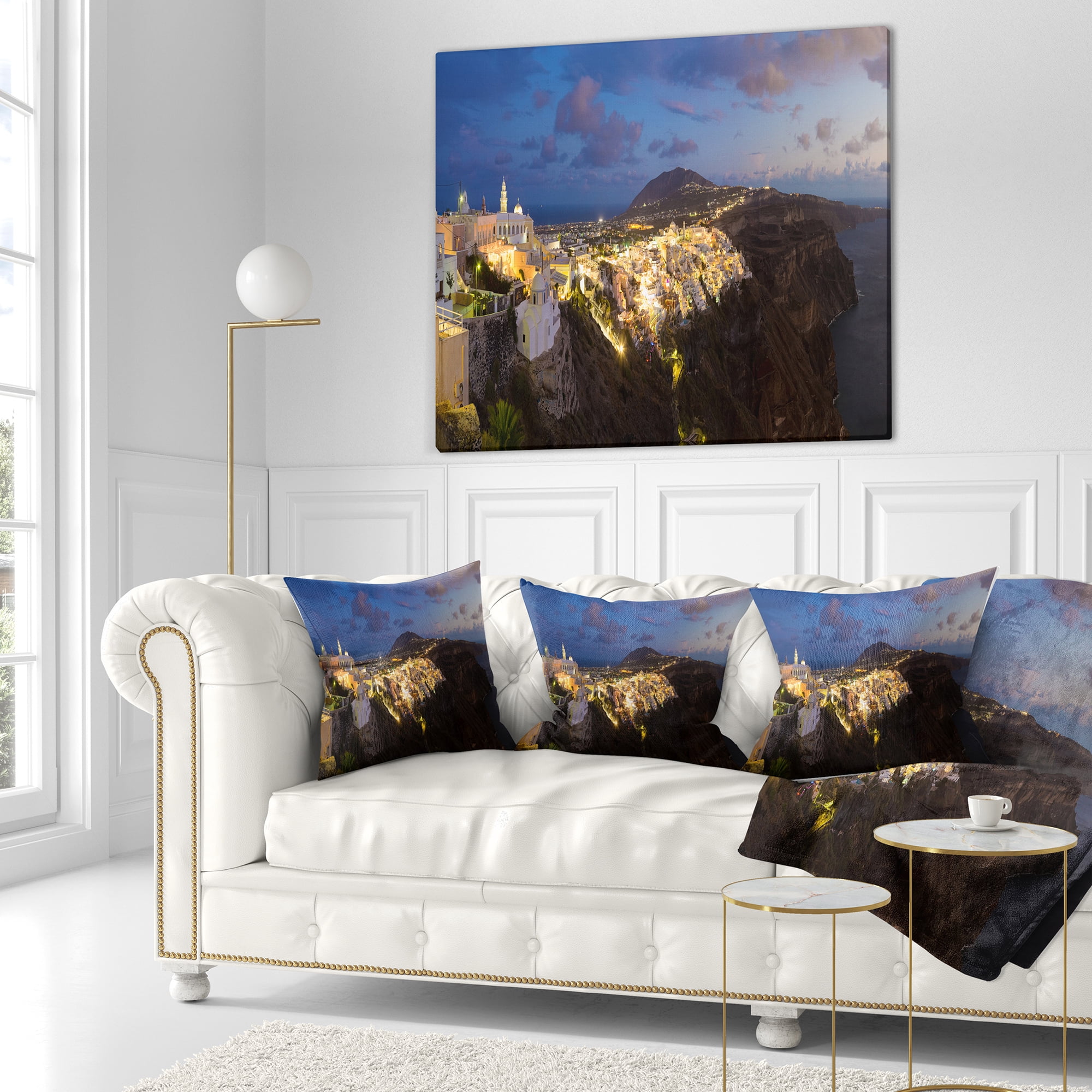 Designart Thira Santorini Greece Panorama - Landscape Printed Throw Pillow - 18x18
