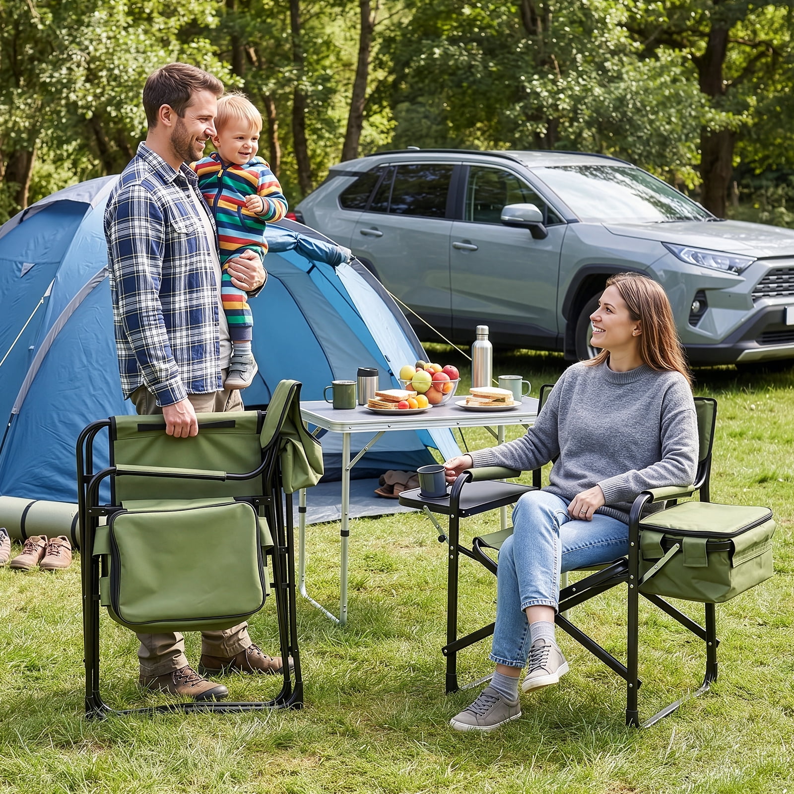 Folding Camping Chair with Side Table & Insulated Cooler Bag, Spray-Coated Aluminum Frame, 265 lbs Capacity Foldable Outdoor Chair for Camping Beach Fishing Picnic, 46.46" x 20.87" x 33.46"