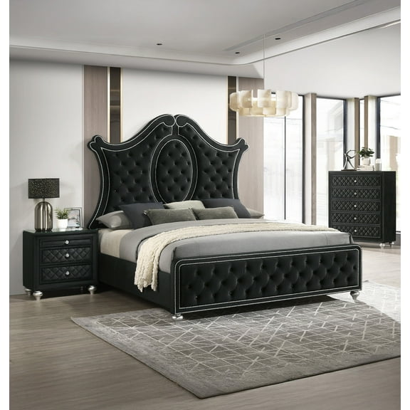 Luxurious Beautiful King Size 3pc Bed Chest Nightstand Set Tufted Black