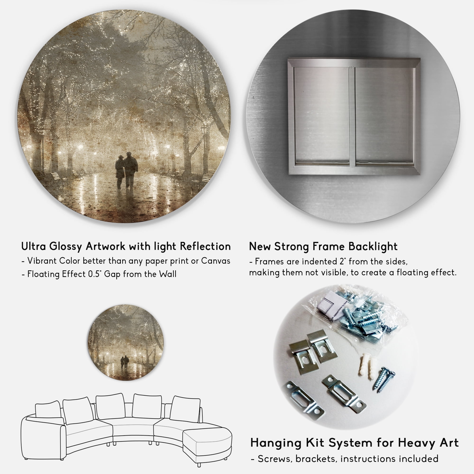 Designart Couple Walking in Night Lights' Landscape Photography Circle Circle Metal Wall Art