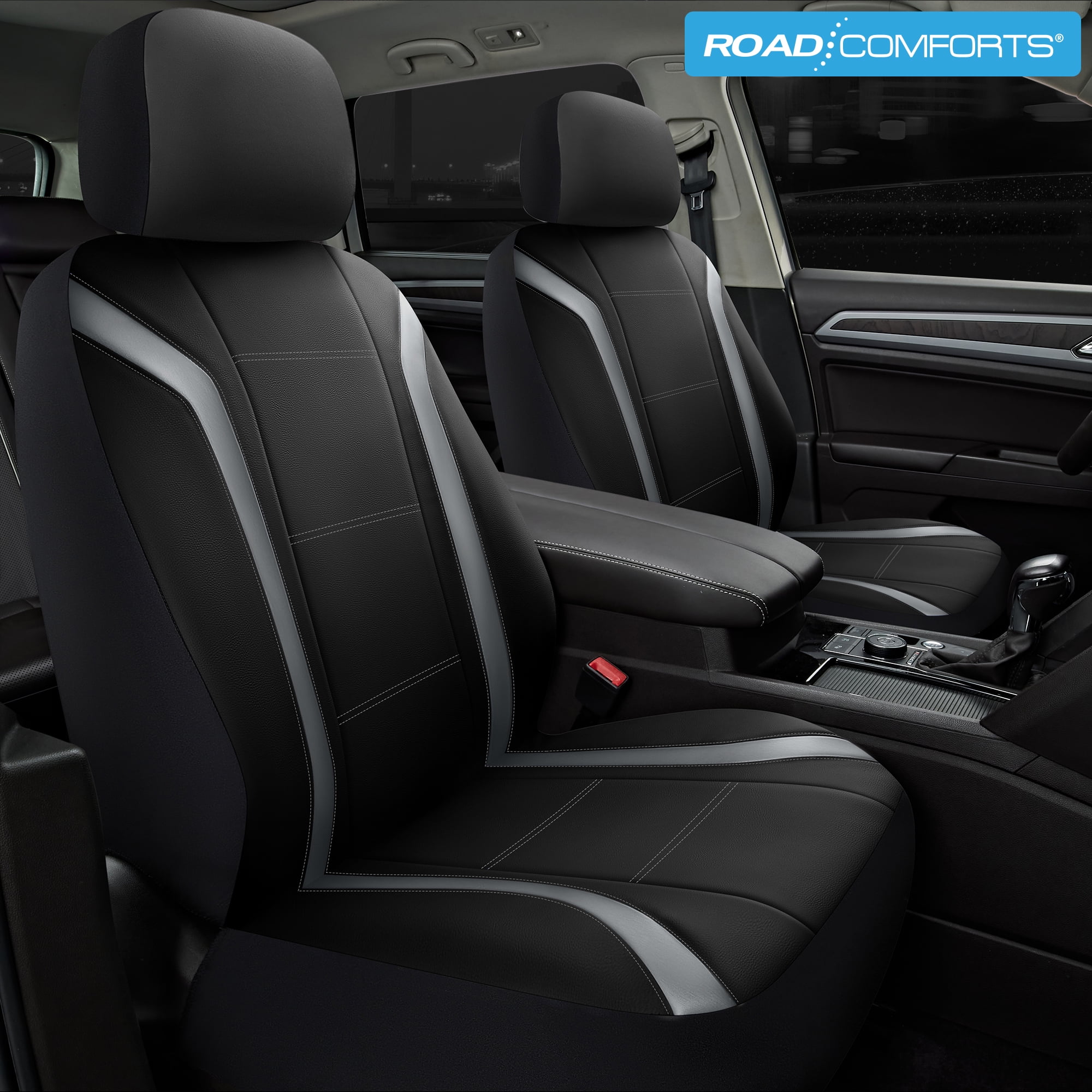 Road Comforts Leather Car Seat Cover,Sports Style Car Seat Cover,Breathable,Non-Slip,Universal Fit,Gray Front Seats