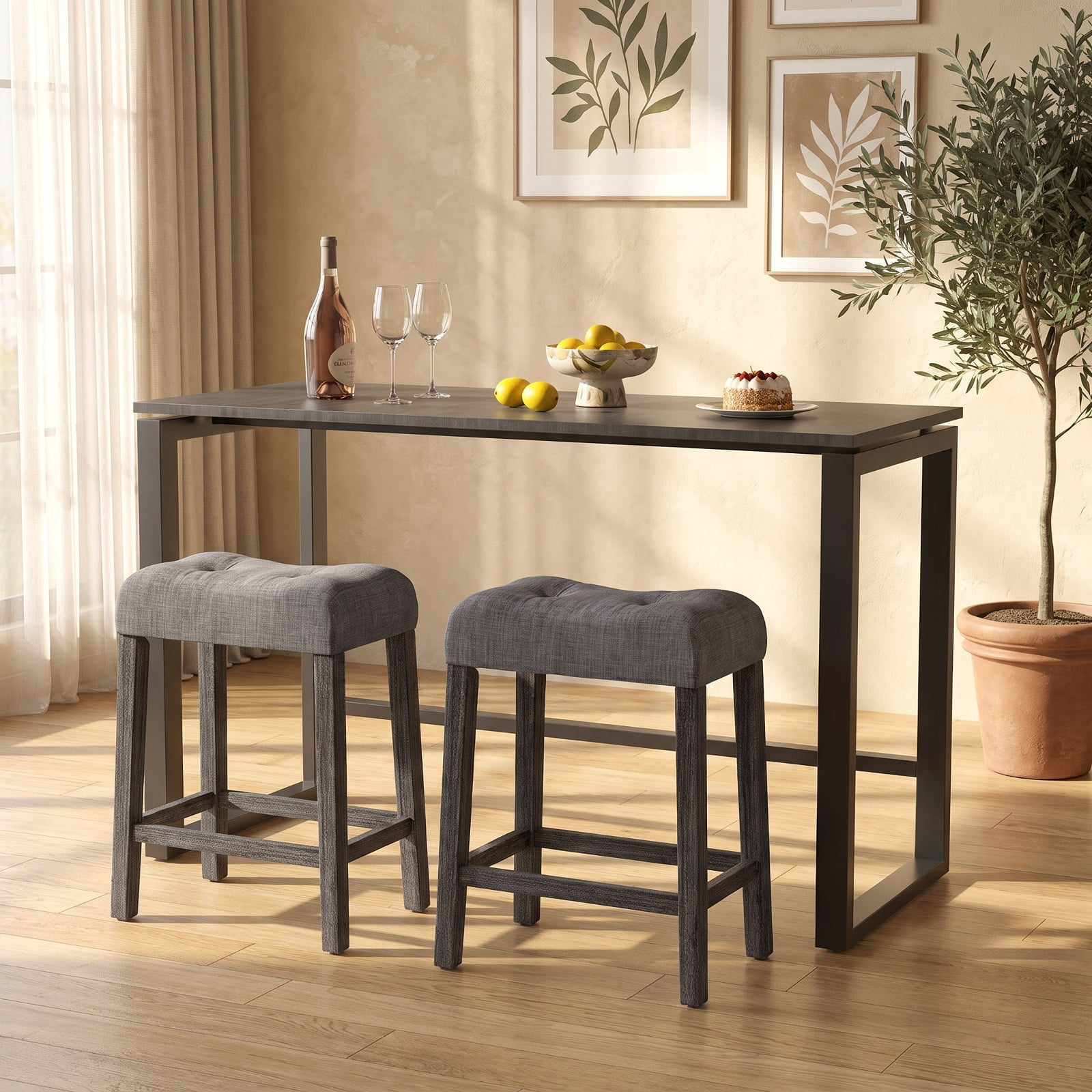 Furnibear 24 Inch Set of 2 Saddle Bar Stools with Padded Seat for Kitchen Island Counter Bar Pub Dining Home, Gray