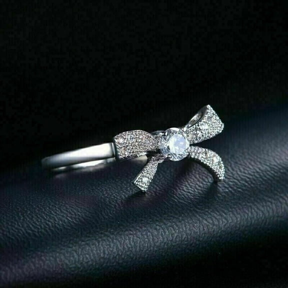 TAAPSEE JEWELS Women Round Cut Cubic Zirconia Bow Tie Wedding Ring 14k White Gold Plated Silver