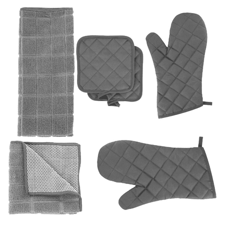 

Kitchen Towels - Set Includes: 2 Oven Mitt 2 Microfiber Scrubber 2 Pot Holders 1 Kitchen Towel Gray
