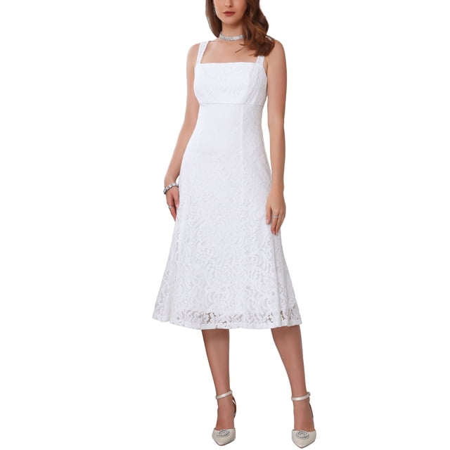 INSPIRAR CHIC Vestido de Prom de Encaje para Mujeres con Tirantes Cuello Cuadrado Sin Mangas Cóctel Formal Midi Vestidos S Blanco