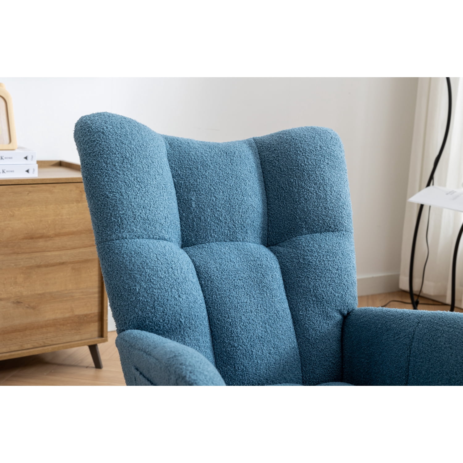 Rocking Chair Nursery,Modern Accent Rocking Chair with High Backrest,Teddy Fabric Upholstered Nursery Glider Rocker for Nursery,Living Room, Bedroom,Blue