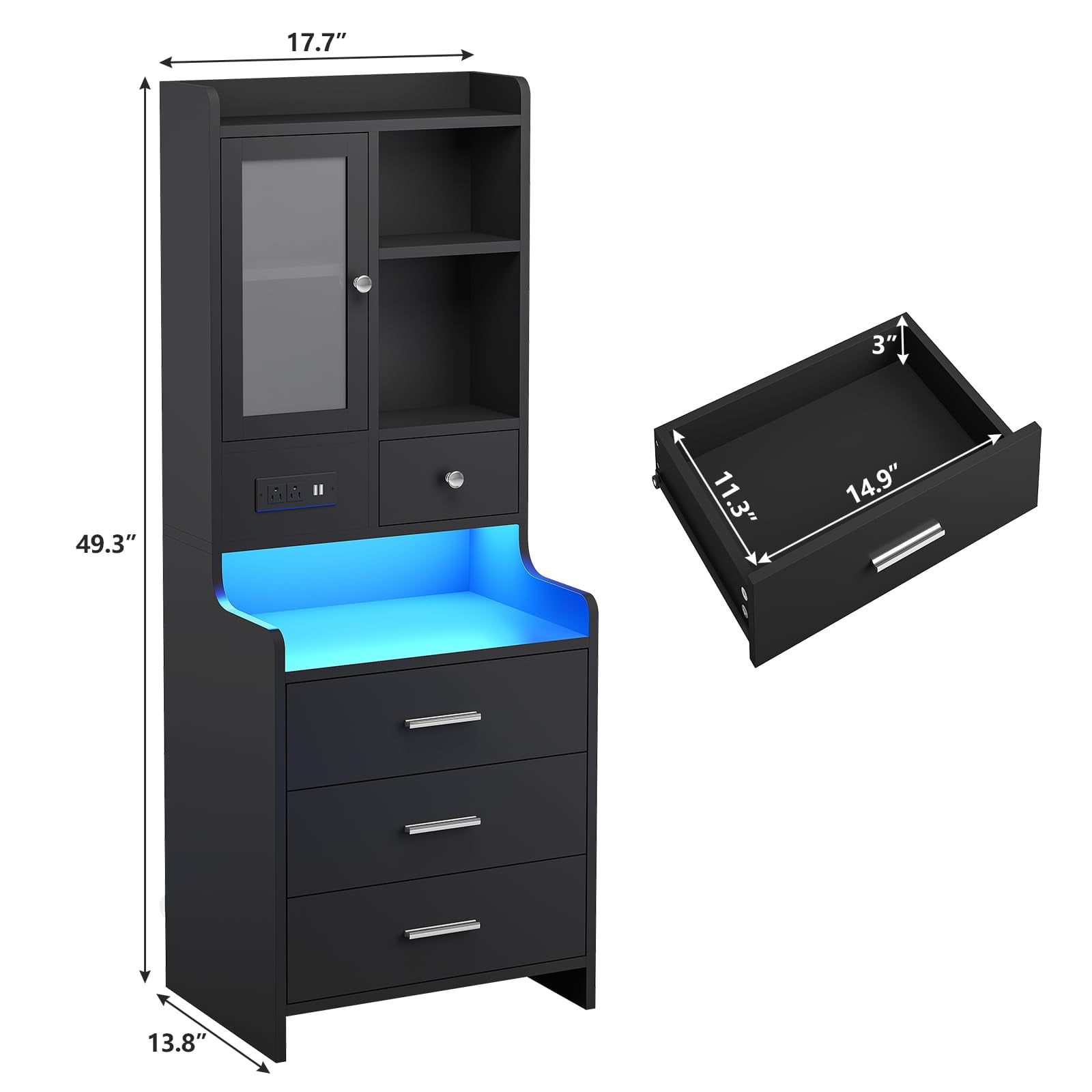 Afuhokles Tall Nightstand with Charging Station, Bedside Table with 4 Drawers, LED Night Stand with Bookshelf, Black