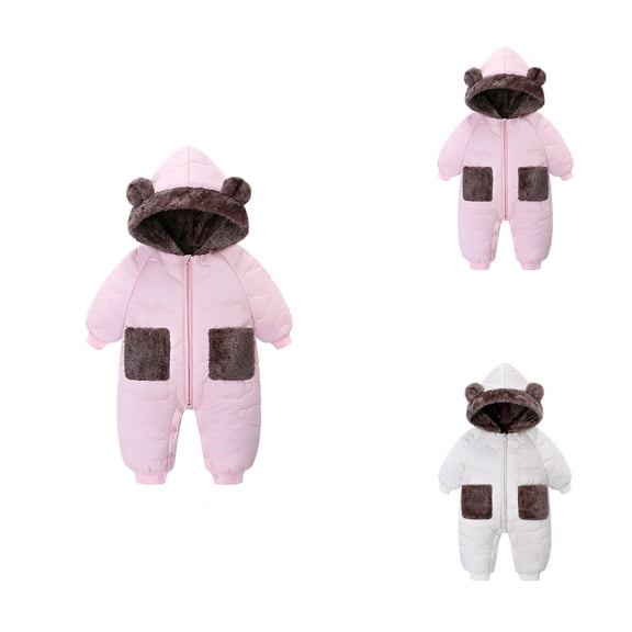 Bear-Fleece Hooded Snowsuit, Newborn Baby Boys Girls Winter Jumpsuit Romper Warm Outwear Coat 0-12 Months