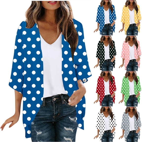 BiZtdJrK Womens Kimono Cardigan Lightweight Polka Dot 3/4 Sleeve Open Front Cardigans Lightweight Summer Beach Cover Up Black XXL