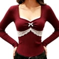 thumbnail image 6 of MYAOYI Womens Coquette Style Lace Trim Top Sweetheart Neck Long Sleeve, 6 of 7