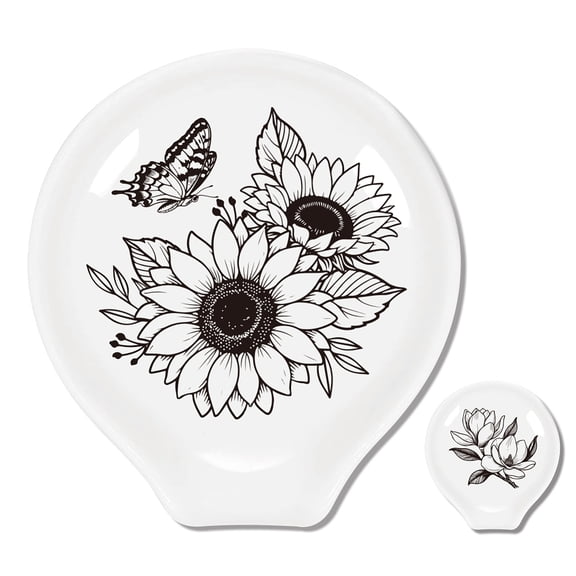 2Pcs Coffee Ceramic Spoon Rest Flower Pattern 3.34"x3.54" Cute Spoon Holder Heat Resistant Utensil Holder