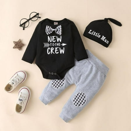 

Final Clear Out! Baywell Spring Infant Baby Boys Clothes Suit Letter Print Romper Embroidered Pants Hat Casual Suit Newborn Boy Clothing 3Pcs