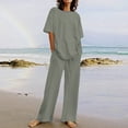 thumbnail image 2 of Dazajoo Two Piece Linen Sets for Women Summer Crewneck Short Sleeve Tops and High Waist Wide Leg Pants with Pockets Solid Color Loungewear Suits,Gray,S, 2 of 7