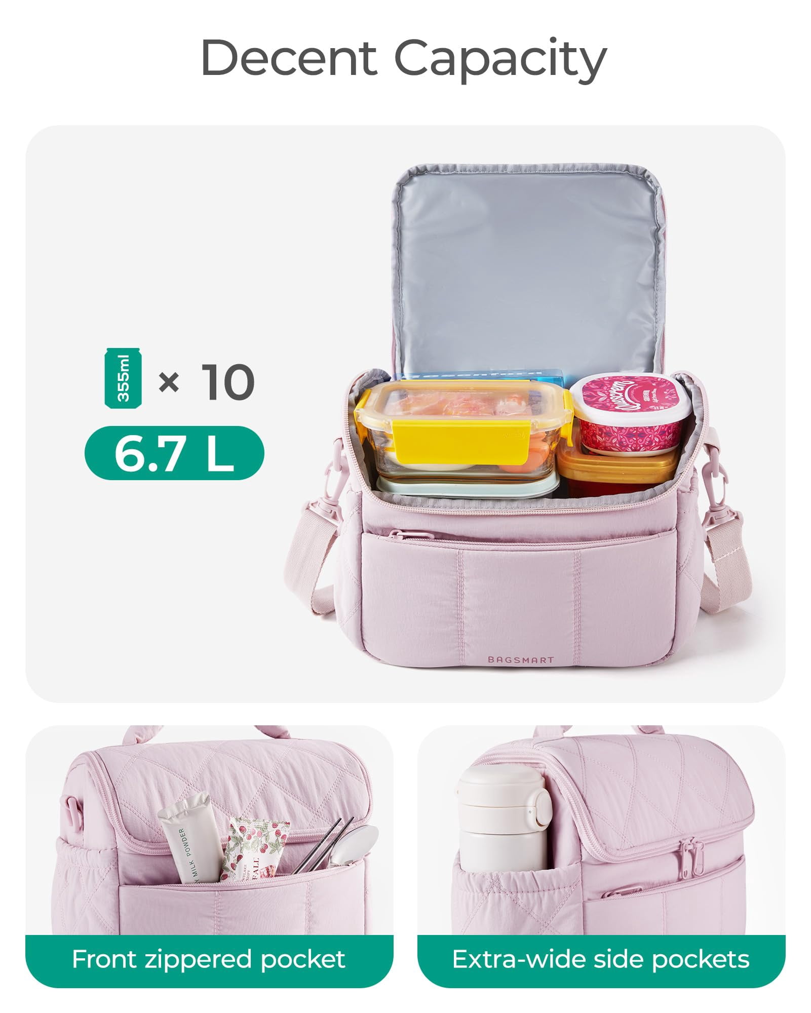 BAGSMART Insulated Lunch Bags for Women, Cute Quilted Lunch Box, Lightweight Puffy Padded Waterproof Lunch Tote, Reusable Lunch Cooler for Work Picnic Travel, Black